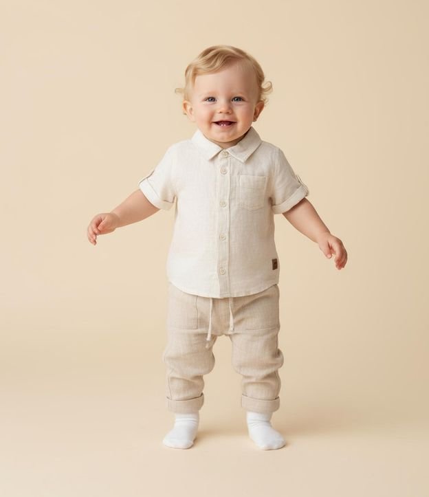 Pantalón Infantil en Cambraia con Bolsillo Cuchillo y Bajo Plegado - Talle 0 a 18 Meses