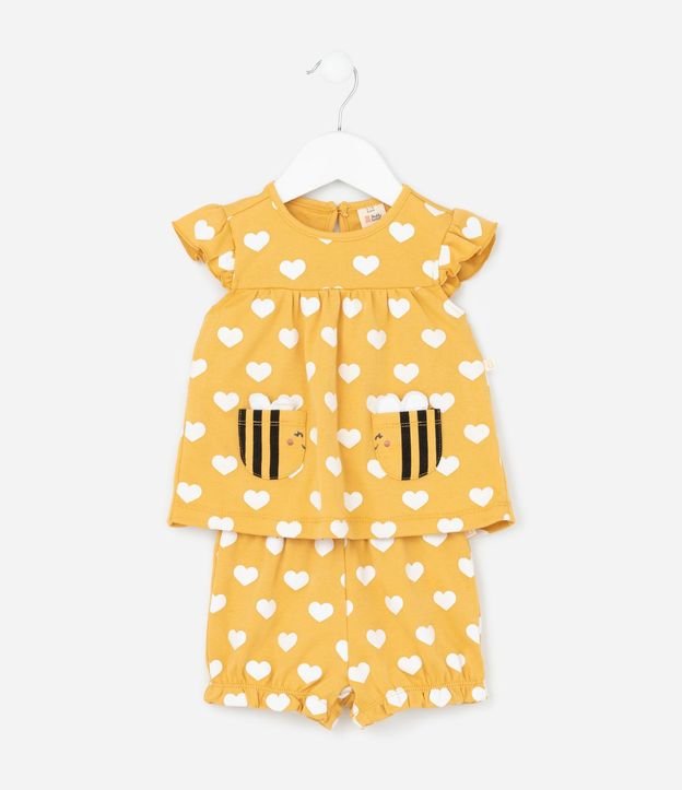 Conjunto Infantil con Estampa de Corazones y Abejas - Talle 0 a 18 Meses