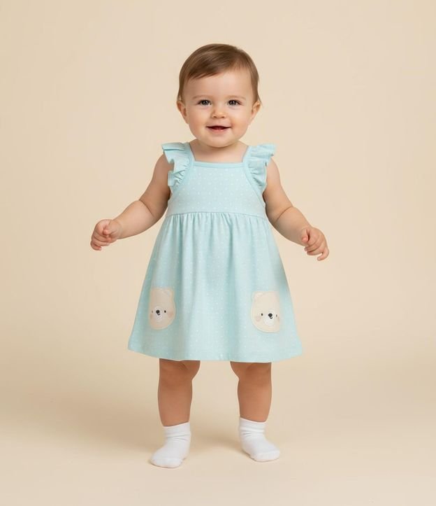 Vestido Infantil con Estampa de Lunares Osos y Bombacha - Tam  0 a 18 meses