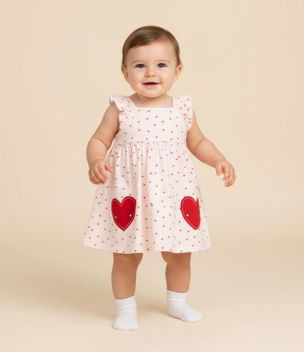 Vestido Infantil con Estampa de Corazones con Bombacha - Talle 0 a 18 meses