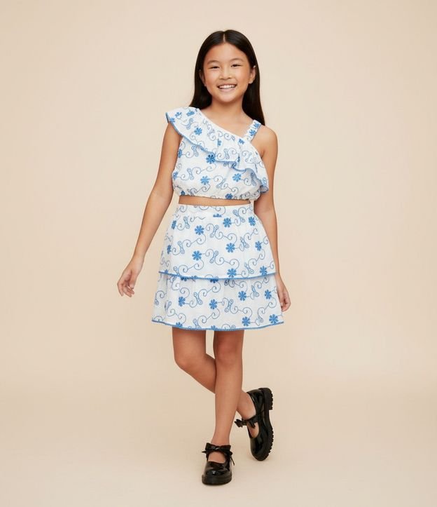 Blusa Cropped Infantil Hombro Único con Estampa Bordada - Talle 5 a 14 años
