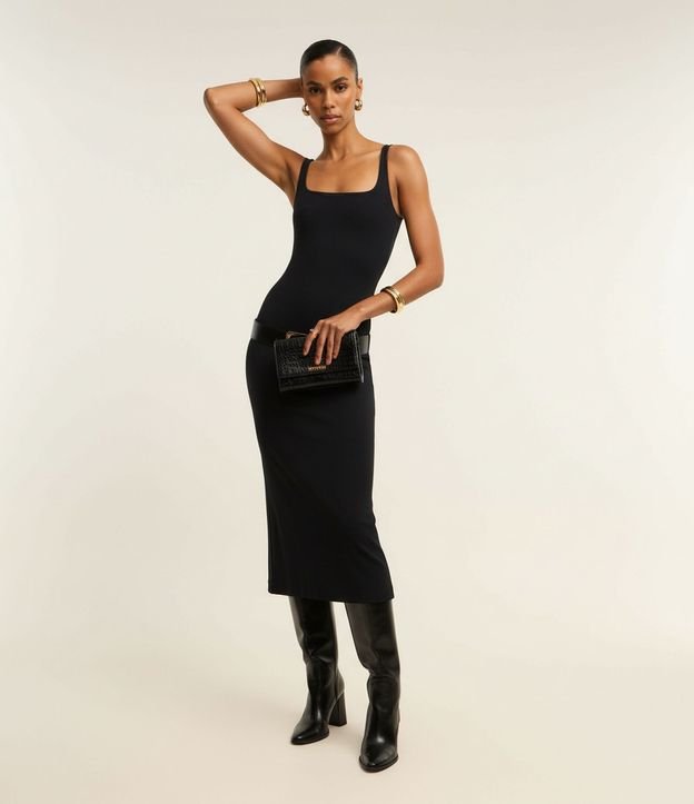Vestido Midi Musculosa y Punto Roma con Escote Cuadrado 3