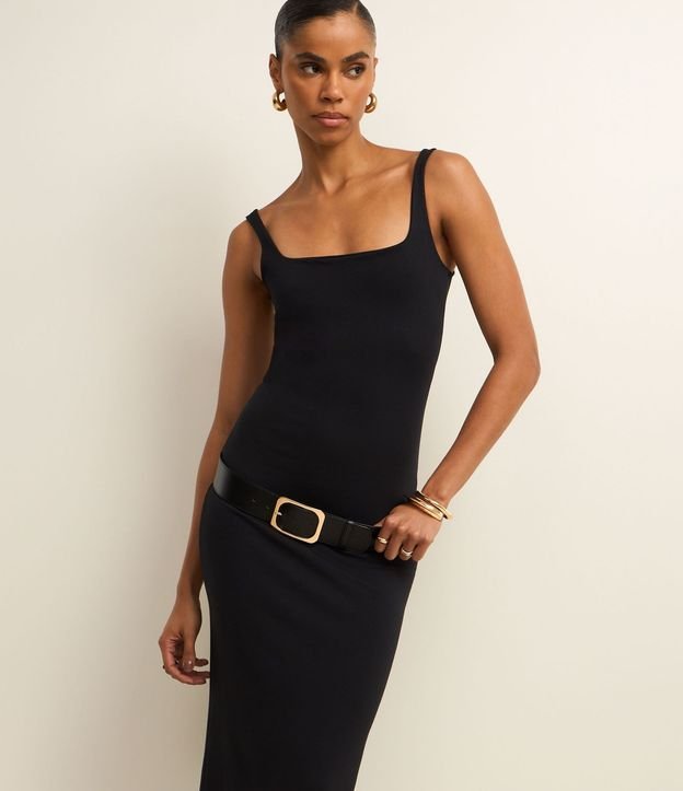 Vestido Midi Musculosa y Punto Roma con Escote Cuadrado 4