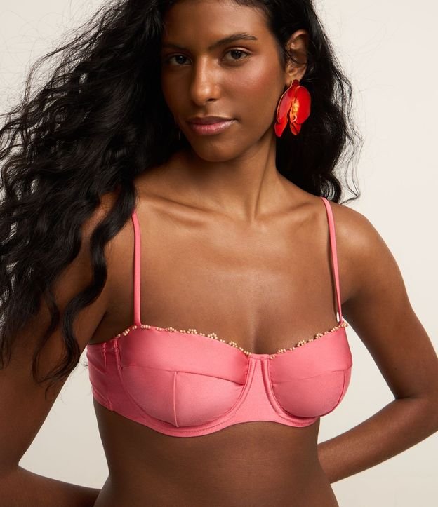 Bikini Top Media Taza en Microfibra Brillo con Adornos de Madera