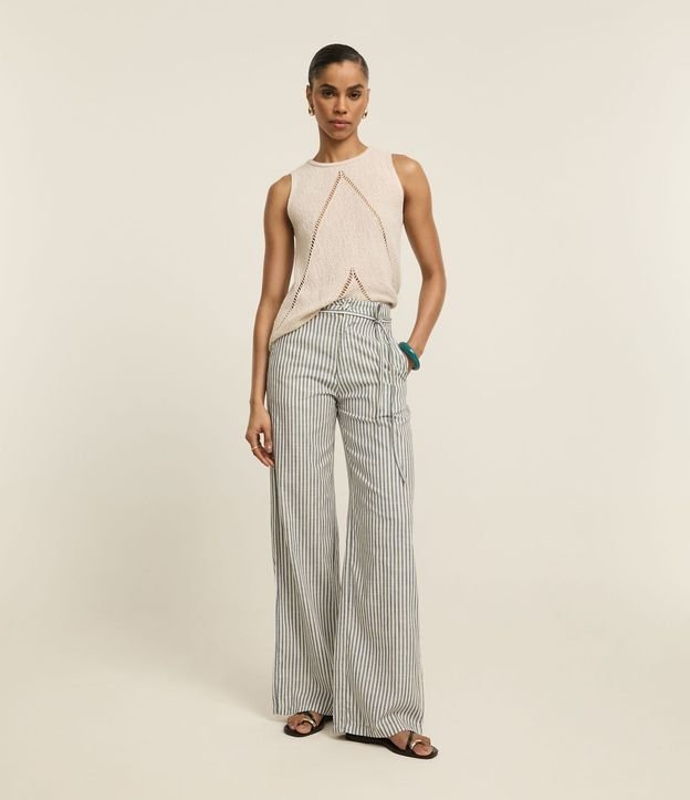 Pantalón Wide Leg en Sarga con Rayas y Cinturón Fino 1