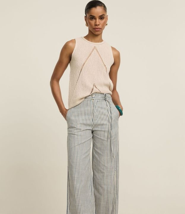 Pantalón Wide Leg en Sarga con Rayas y Cinturón Fino 2