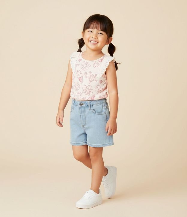 Musculosa Infantil en Rib con Detalle en Broderie y Estampa - Talle 1 a 6 años