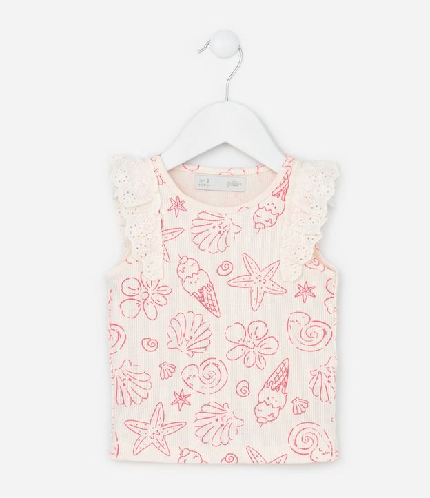 Musculosa Infantil en Rib con Detalle en Broderie y Estampa - Talle 1 a 6 años