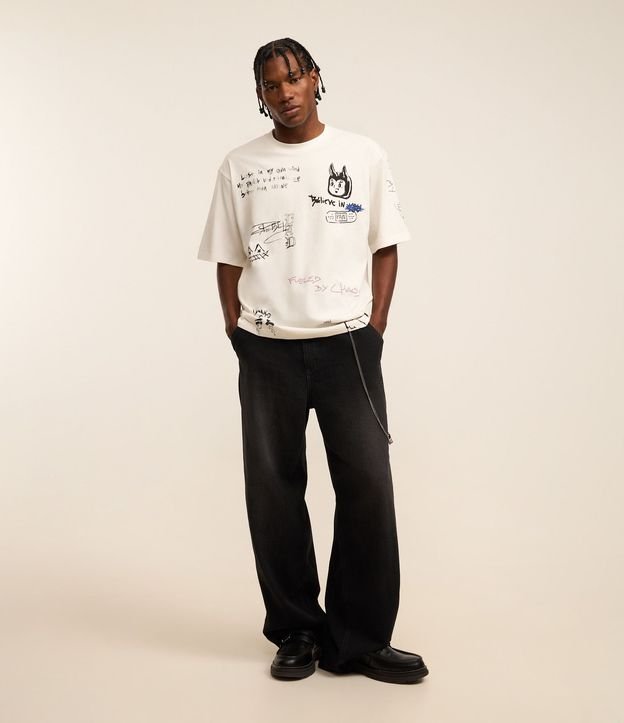 Pantalón Super Baggy en Jeans Efecto Mármol con Cadena en el Bolsillo