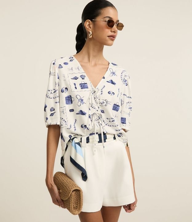 Blusa en Viscolino con Manga Abullonada y Estampa Playa