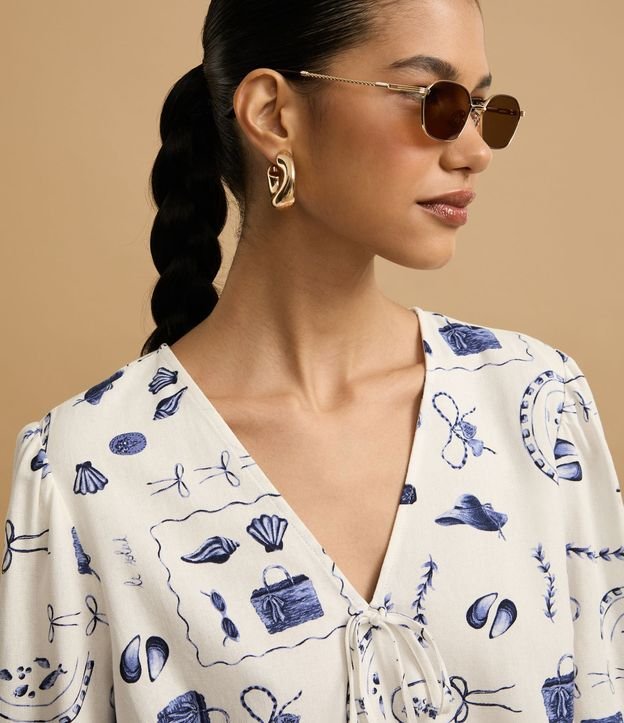 Blusa en Viscolino con Manga Abullonada y Estampa Playa 4