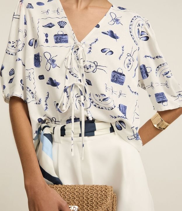 Blusa en Viscolino con Manga Abullonada y Estampa Playa 5
