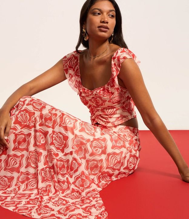 Blusa en Tule Estampado de Caracolas con Volados y Fruncido 4