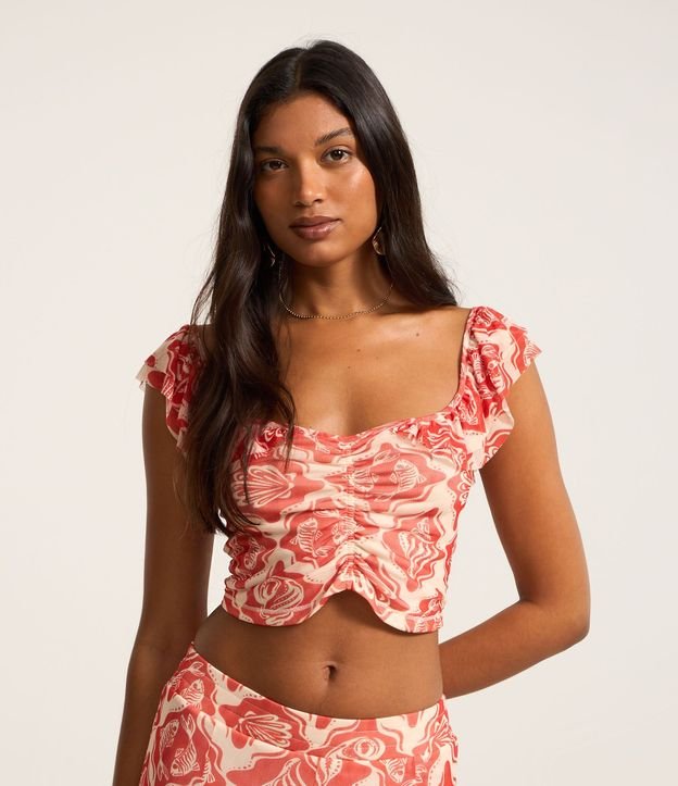 Blusa en Tule Estampado de Caracolas con Volados y Fruncido