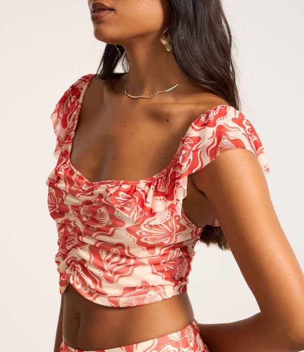 Blusa en Tule Estampado de Caracolas con Volados y Fruncido 3