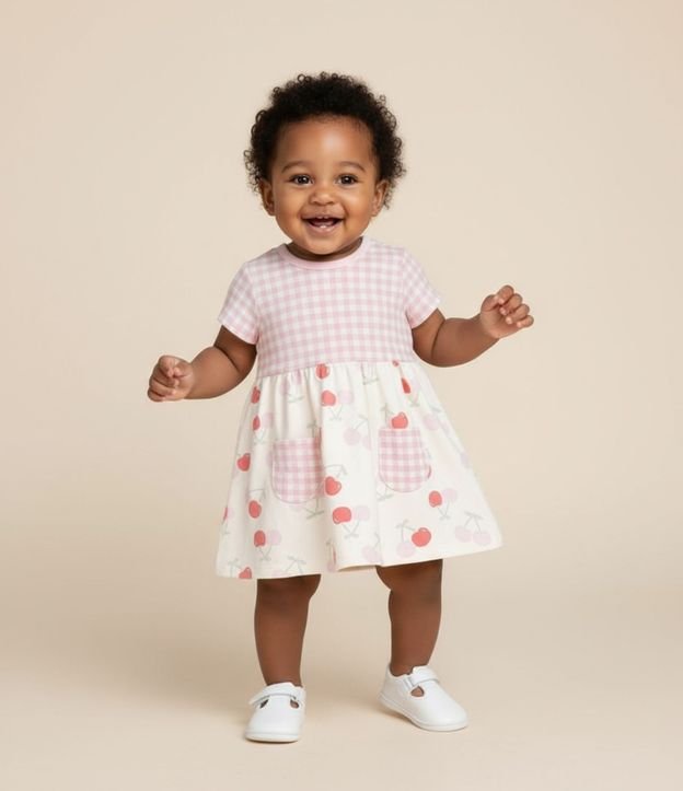 Vestido Infantil con Estampa de Cuadros y Cerezas - Talle 0 a 18 Meses