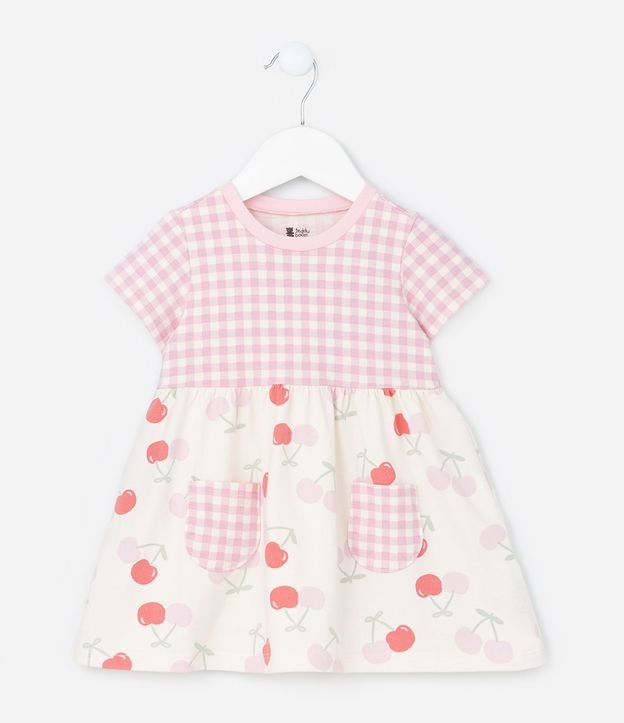 Vestido Infantil con Estampa de Cuadros y Cerezas - Talle 0 a 18 Meses 2