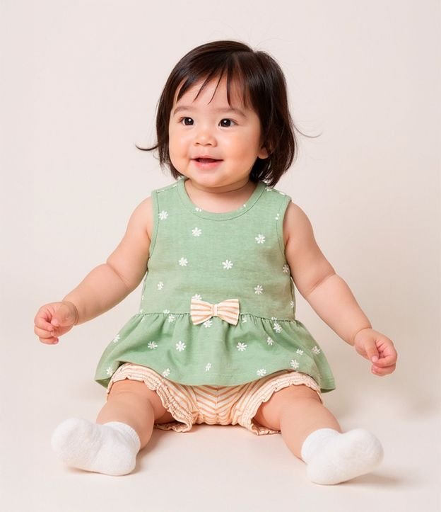 Conjunto Infantil en Malla con Moña y Estampa de Flores - Talle 0 a 18 meses