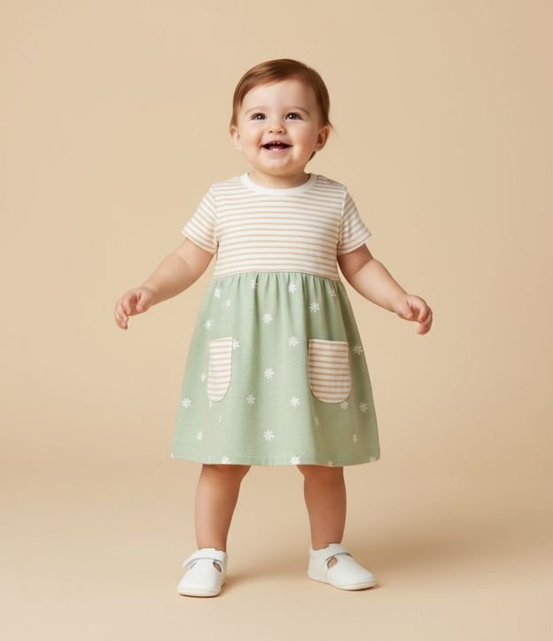Vestido Infantil en Algodón con Estampa de Rayas y Flores -Talle 0 a 18 Meses