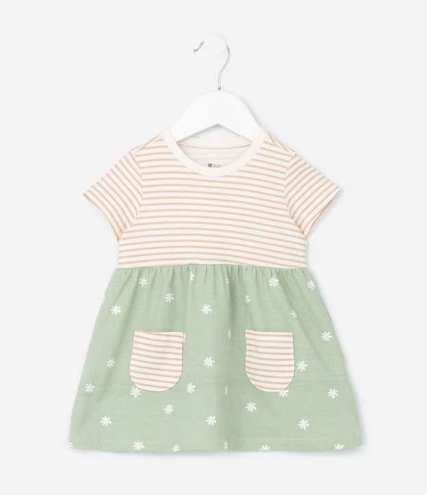 Vestido Infantil en Algodón con Estampa de Rayas y Flores -Talle 0 a 18 Meses 2