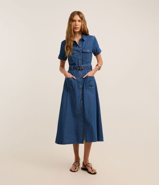 Vestido Midi en Jeans con Cinturón y Bolsillos Utilitários 3