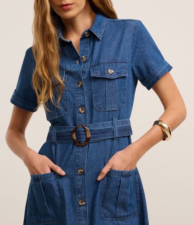 Vestido Midi en Jeans con Cinturón y Bolsillos Utilitários 5
