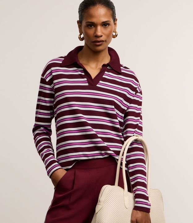 Blusa en Algodón con Rayas y Cuello Polo
