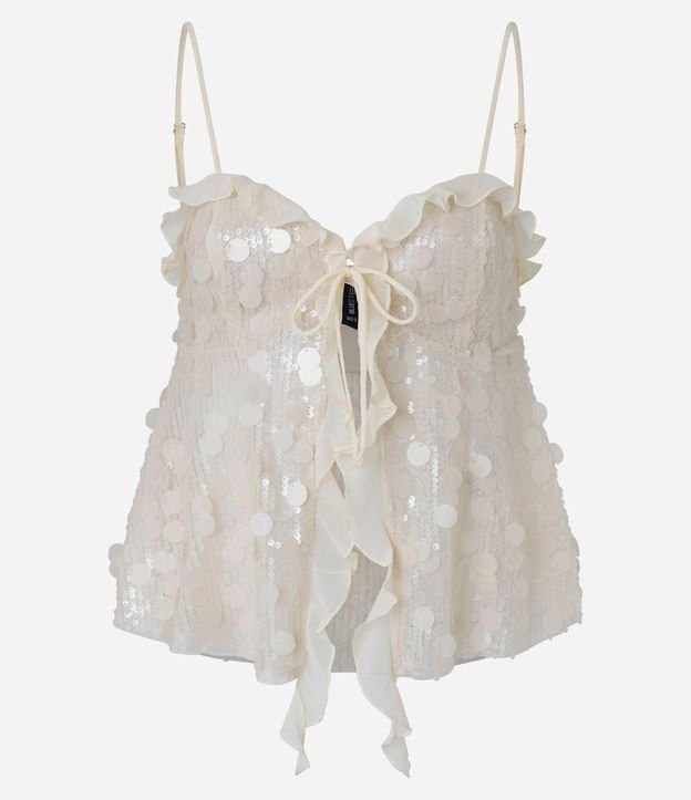 Blusa en Malla de Lentejuelas con Escote Corazón y Volados de Chiffón