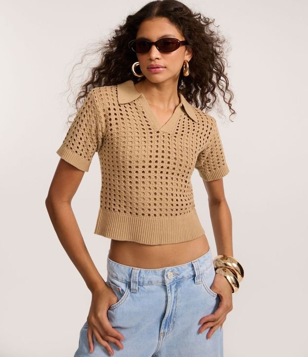 Blusa en Punto con Punto Cutout y Cuello Polo 4