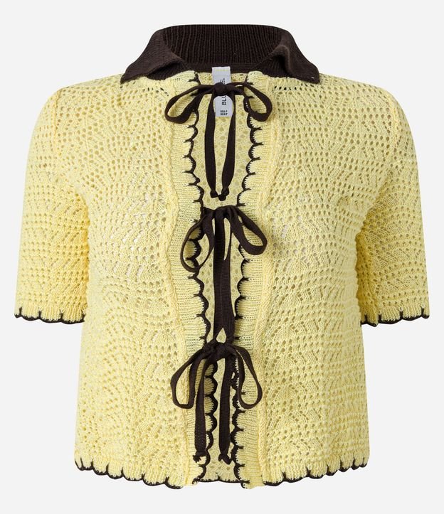 Blusa en Punto con Cuello Polo  Contraste y Lazo