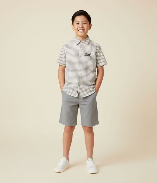 Camisa Infantil en Franela con Estampa de Cuadros y Lettering Bordado Baseball - Talle 5 a 14 años