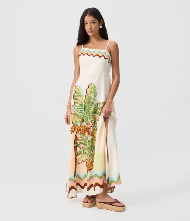 Vestido Long Midi en Viscolino con Escote Asimétrico y Estampa Tropical