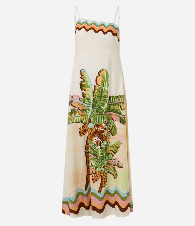 Vestido Long Midi en Viscolino con Escote Asimétrico y Estampa Tropical