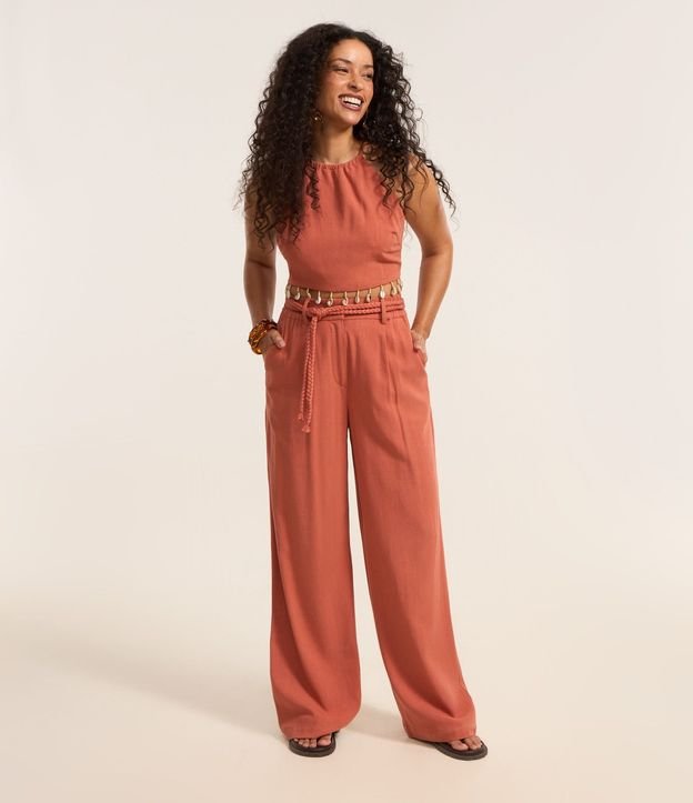 Pantalón Wide Leg en Viscolino con Pliegues y Cinturón Cuerda 1