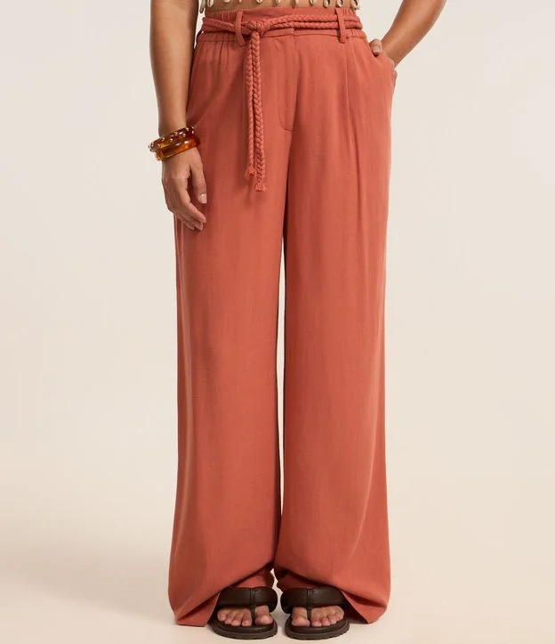 Pantalón Wide Leg en Viscolino con Pliegues y Cinturón Cuerda