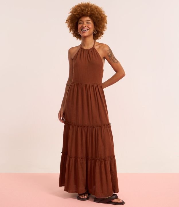 Vestido Long Midi Frente único en Crepé con Volados en la Pollera 5