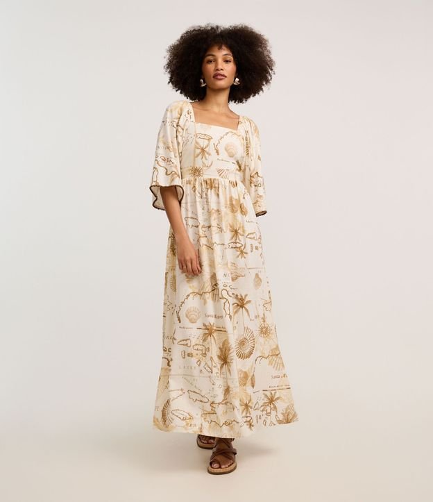 Vestido Evasê Midi en Viscolino con Estampa Mapa