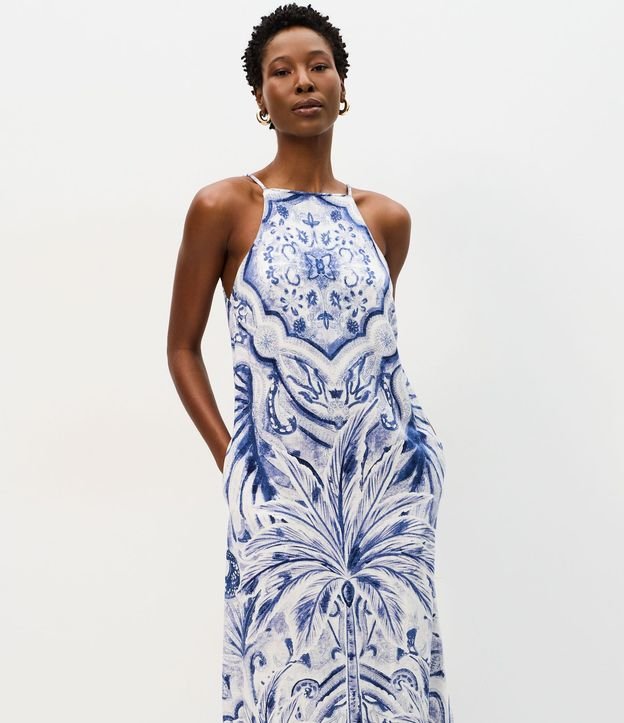 Vestido Evasê Midi en Viscolino con Estampa Palmeras