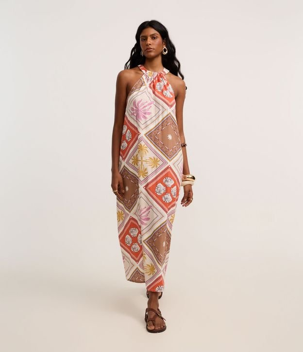 Vestido Evasê Midi en Viscolino con Estampa Tropical