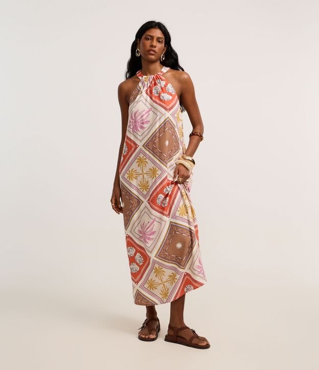 Vestido Evasê Midi en Viscolino con Estampa Tropical 4