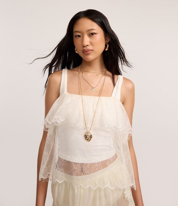 Blusa Corta en Encaje con Superposición y Breteles Finos