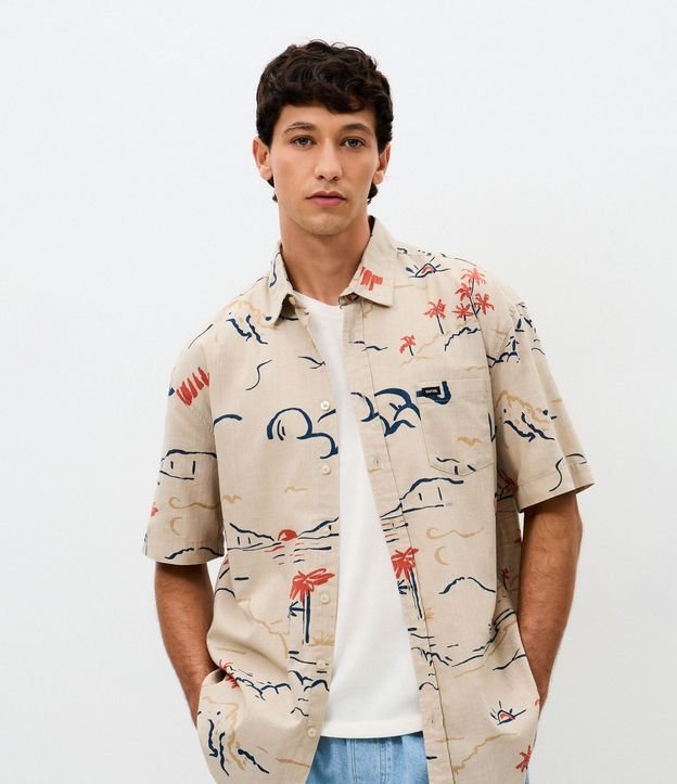 Camisa Relaxed en Algodón  Tejido Diferenciado con Estampa Fil a Fil Abstracta Palmera