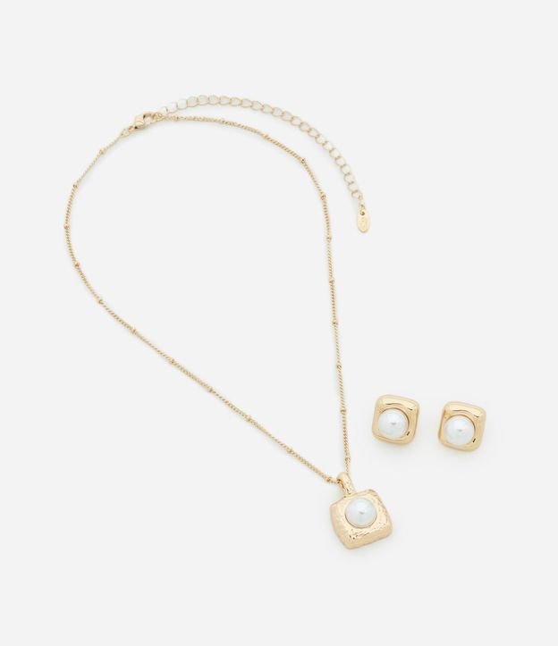 Conjunto de Collar Corto con Colgante Cuadrado con Pérola Artificial y Caravana Botón 2