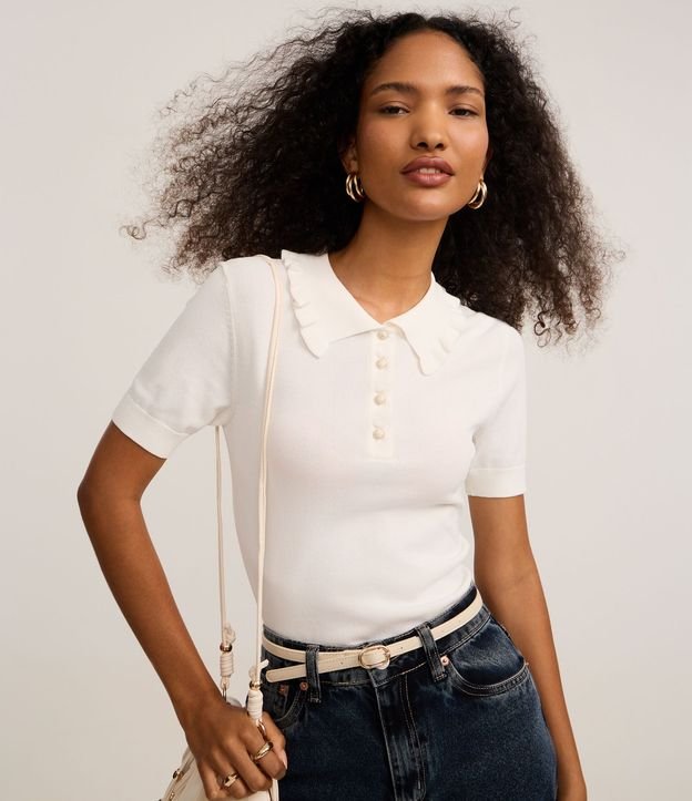 Blusa en Punto con Pliegues en el Cuello Polo