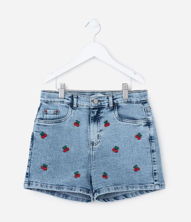 Short Infantil en Jeans con Bordado de Cerezas - Talle 5 a 14 años