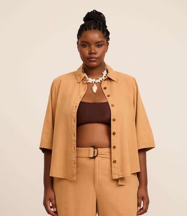 Camisa en Sarga con Pespontos y Bajo Larga Curve & Plus Size
