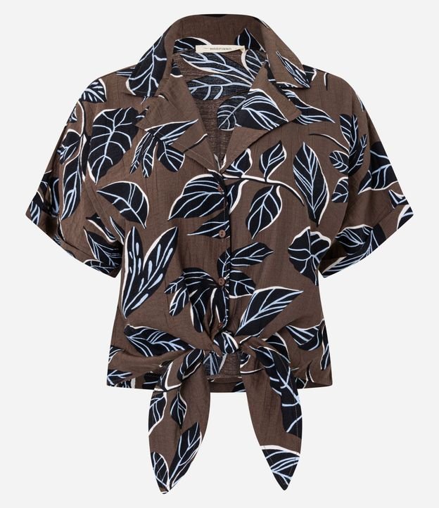 Camisa en Viscosa con Cuello Polo y Estampa Follaje