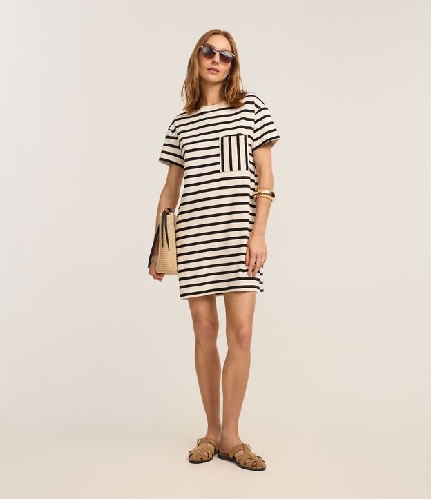 Vestido T-Shirt Corto en Cotton con Bolsillo y Rayas 2