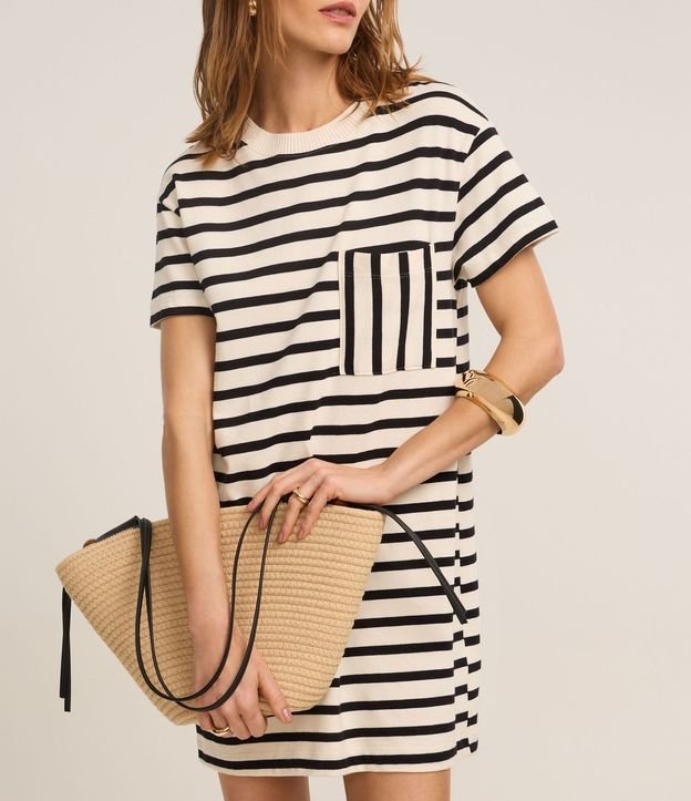 Vestido T-Shirt Corto en Cotton con Bolsillo y Rayas 4