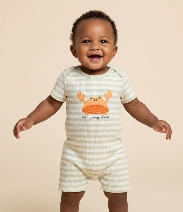 Mono Infantil con Bordado de Cangrejo y Rayas Canelado - Talle 0 a 18 Meses